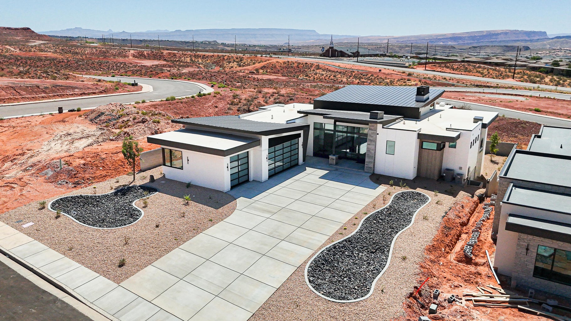 aerial view of a modern house in the desert
