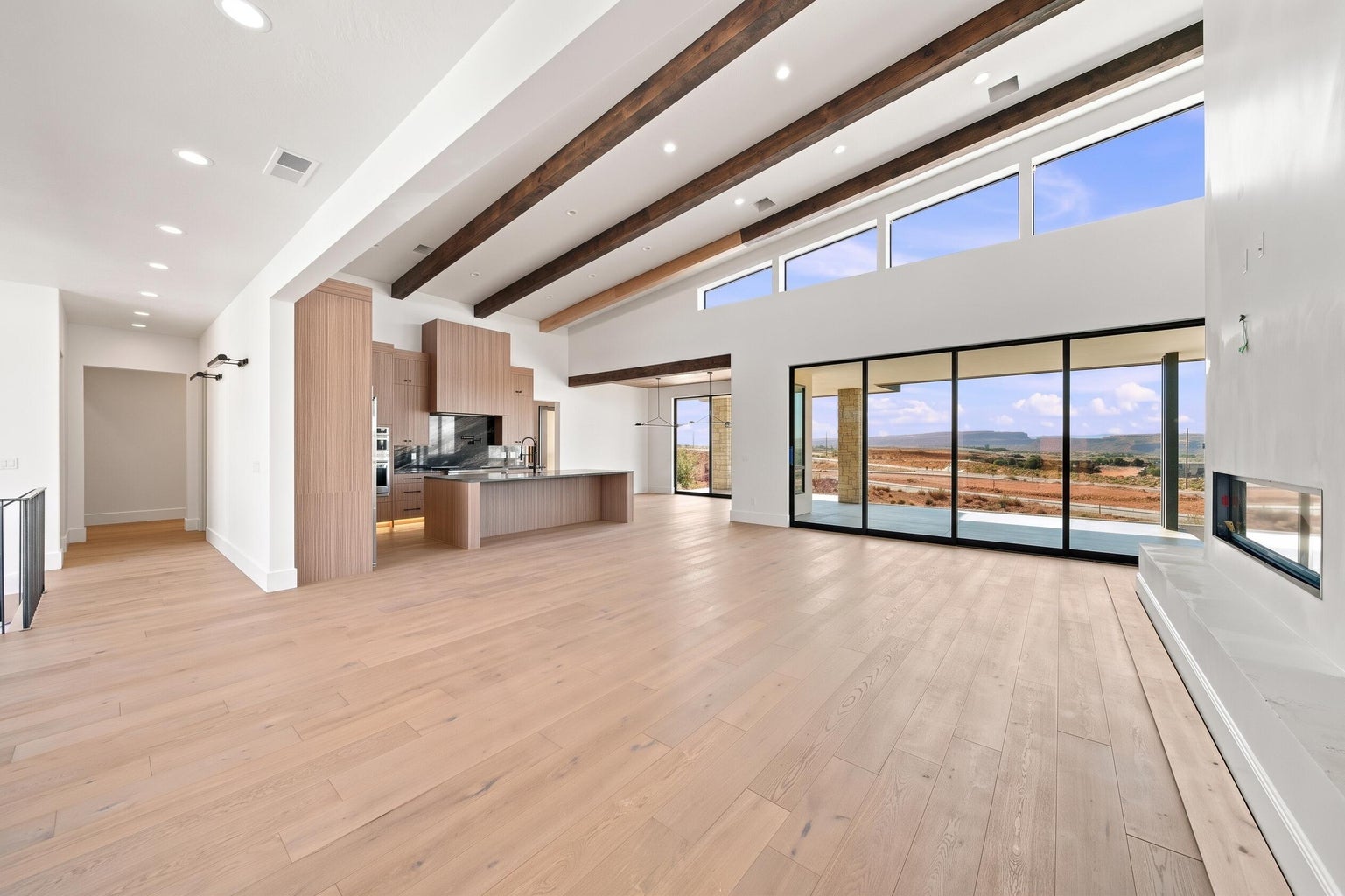 large living room looking at kitchen